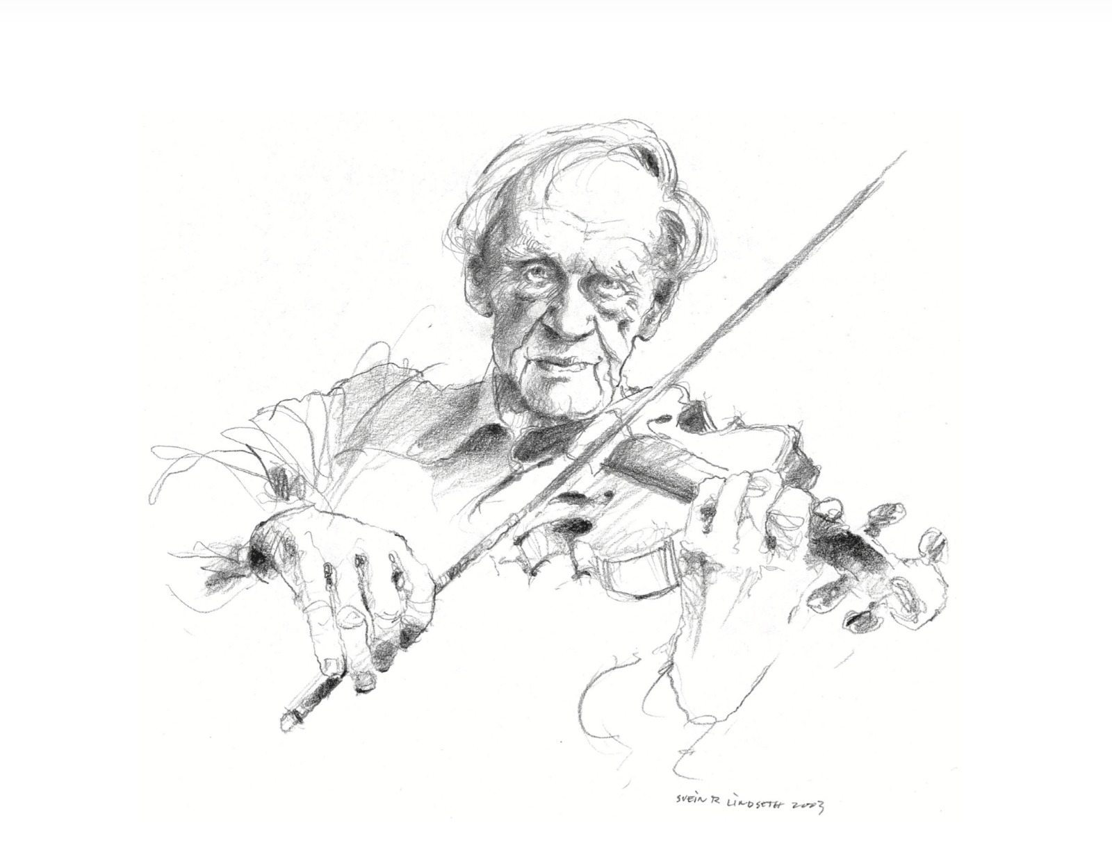 Portrettteikning av Hilmar Alexandersen som speler fele, signert Svein R. Lindseth 2003.